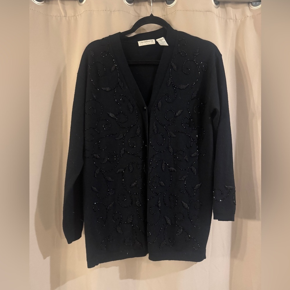 Liz Claiborne Black Embroidered Cardigan with beads